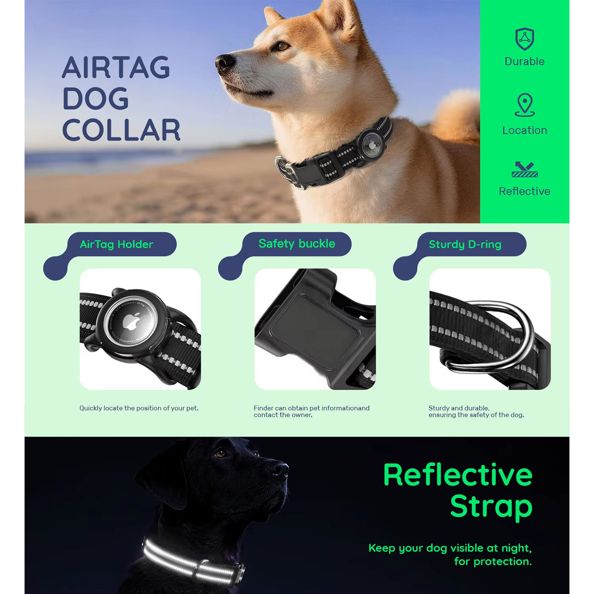 Collar Reflejante para Perro con Funda para AirTag – Ajustable e Impermeable