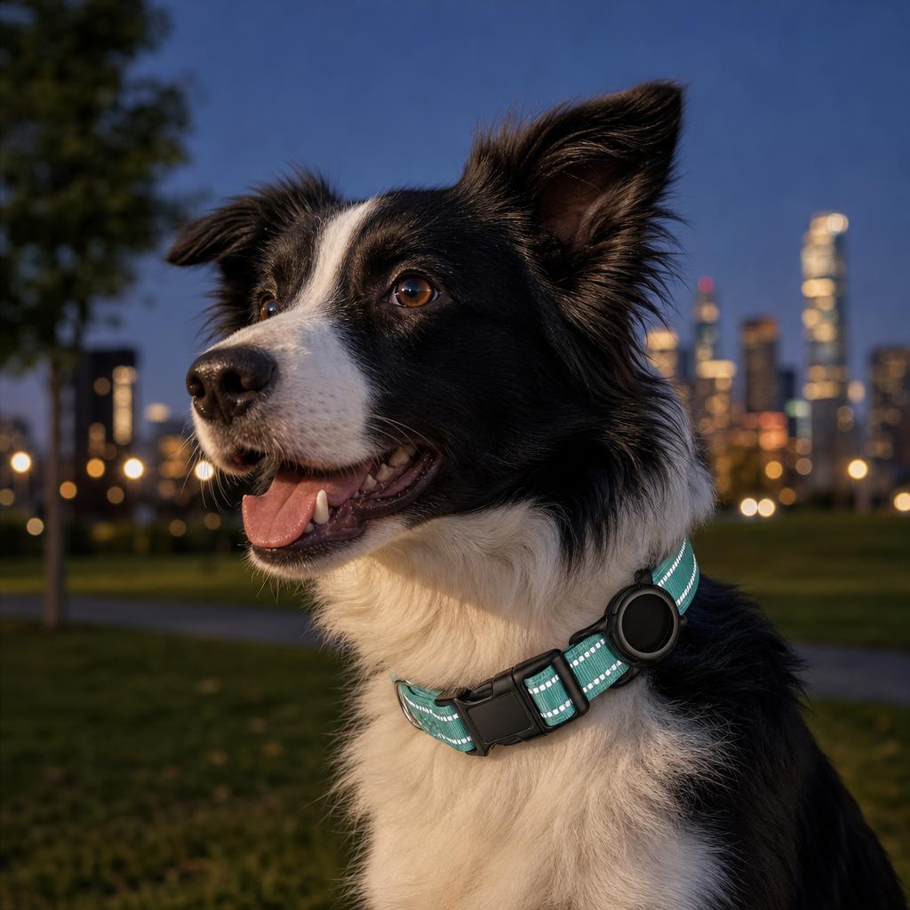 Perro con collar reflejante de noche
