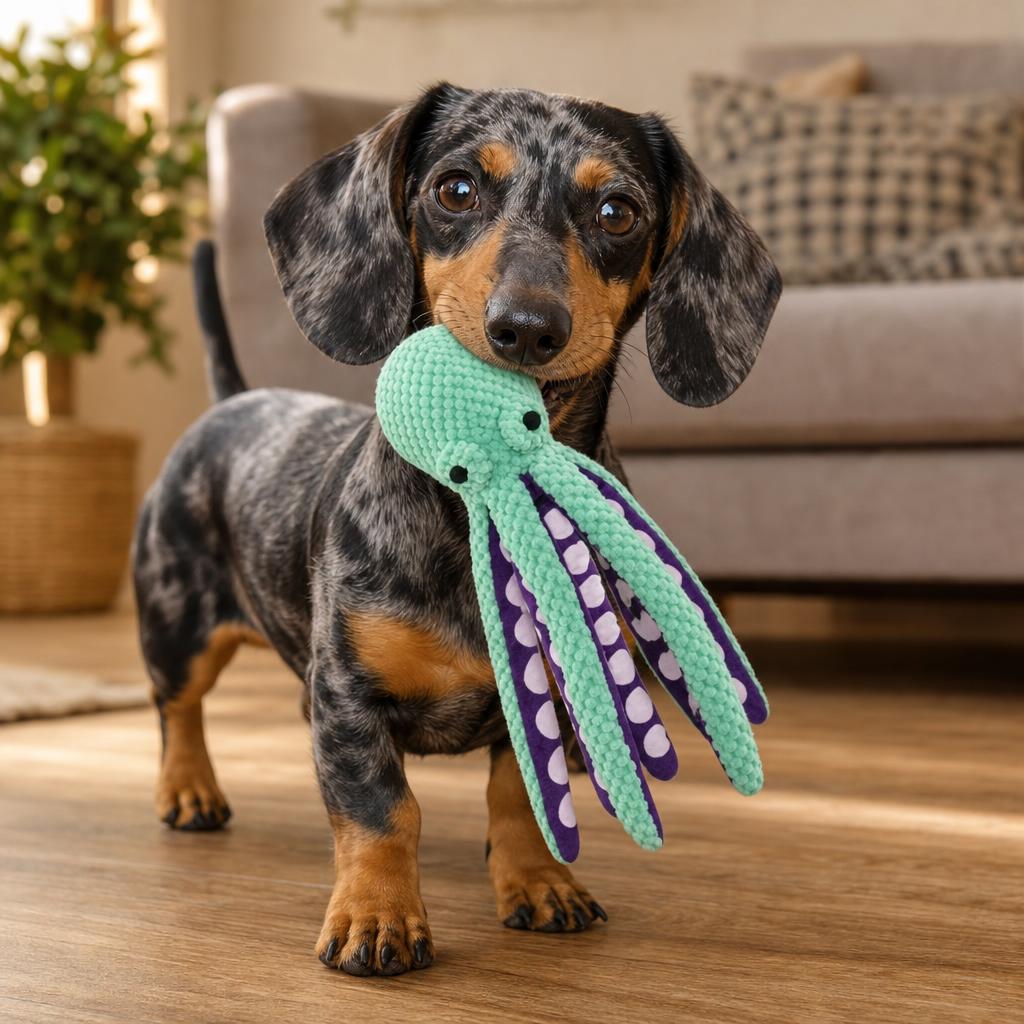 Perrito jugando con el pulpo de peluche